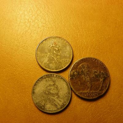 2- 1943 zinc pennies and war time nickel.