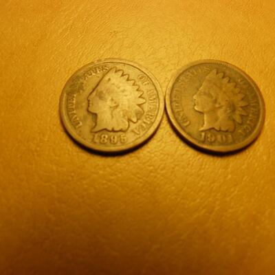 2- 1885 and 1901 Indian head one cent coins.