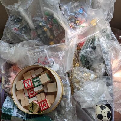 Container full of miniature items, Christmas ornaments