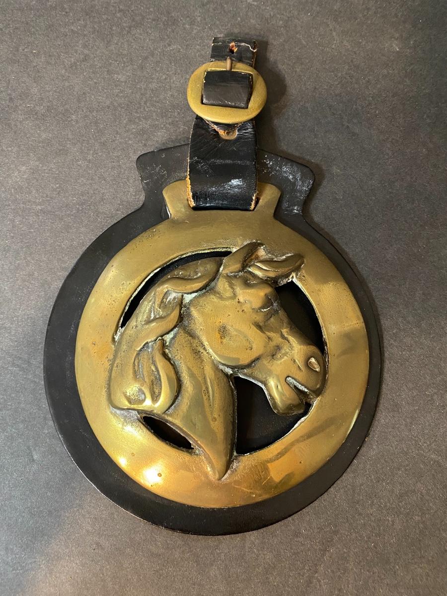 Lot 14 Antique English Horse Brass Medallions on Leather