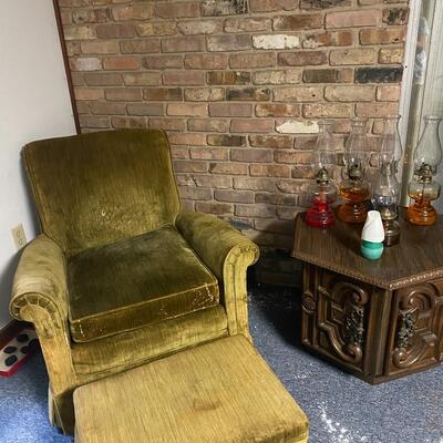 Vintage green upholstered chair with ottoman