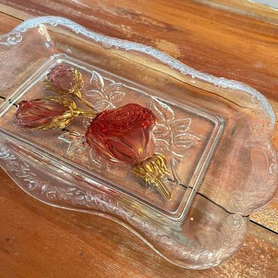 LOT 64 - Glass Rectangle Plate - Pink and Amber Rose Accents
