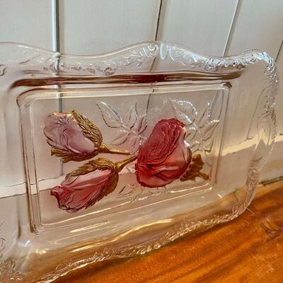 LOT 64 - Glass Rectangle Plate - Pink and Amber Rose Accents