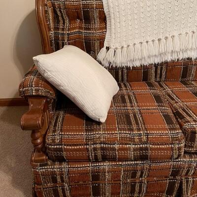 Plaid couch / pillows and throw