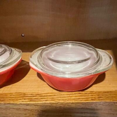 3 Red Pyrex covered mini dishes 