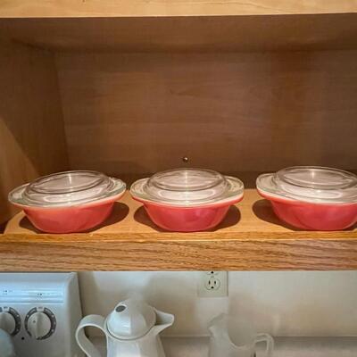 3 Red Pyrex covered mini dishes 