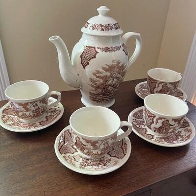 LOT 8 - Teapot, Tea Cups & Saucer Plates Set, Alfred Meakin, Fair Winds, 10 pieces