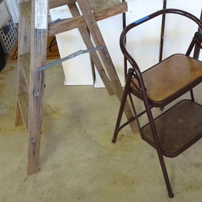 LOT 617  WOOD LADDER AND STEP STOOL