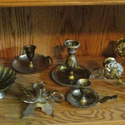 Assortment of Brass Candleholders and Other Home Decor Items