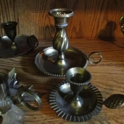 Assortment of Brass Candleholders and Other Home Decor Items