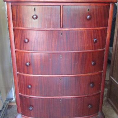 Vintage Flame Mahogany Bow Front Two over Four Dresser 
