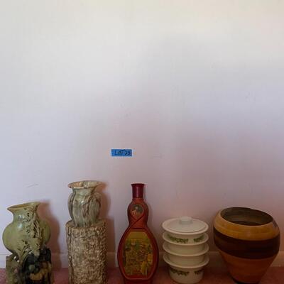Lot 23- (4) pyrex bowls, wood basket, green marble vase, marble decor, antique liquor bottle