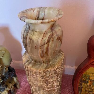Lot 23- (4) pyrex bowls, wood basket, green marble vase, marble decor, antique liquor bottle