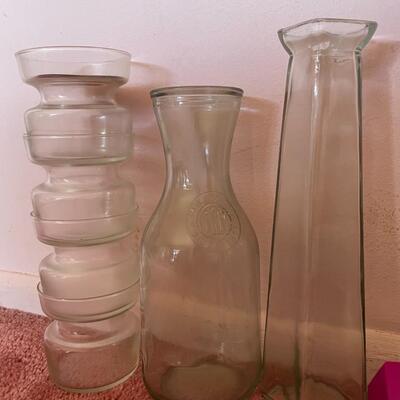 lot 37- (4) glass vases, vintage milk jug, heavy duty tape, pot pouri dishes