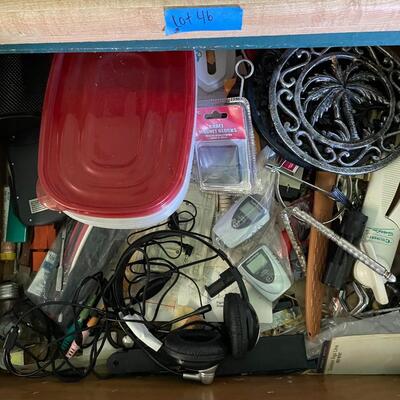 lot 46- Misc. drawer, headphones, kitchen tools, knife