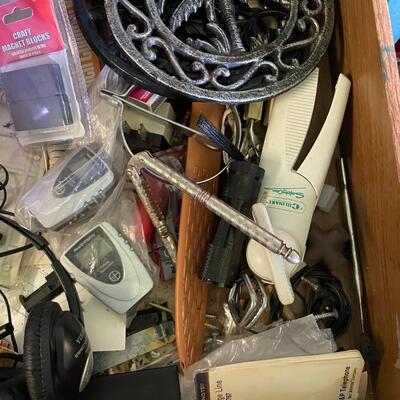 lot 46- Misc. drawer, headphones, kitchen tools, knife