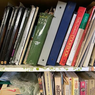 lot 49- shelf of misc. cooking/baking books, tupper ware, racks, stepstool