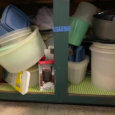 lot 52- Misc. kitchen items, tupper ware, pans