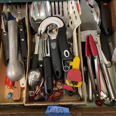 lot 55- Misc. kitchen tools, knives, spoons, spatulas, etc.