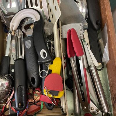 lot 55- Misc. kitchen tools, knives, spoons, spatulas, etc.