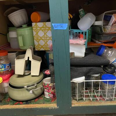 Lot 56- misc. kitchen items, tupper ware, jars, pans, water jugs, measuring cups