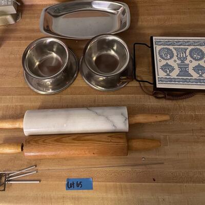 lot 65- hot plate, marble roller, wood roller, (3) dilver plates, windchime
