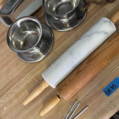 lot 65- hot plate, marble roller, wood roller, (3) dilver plates, windchime