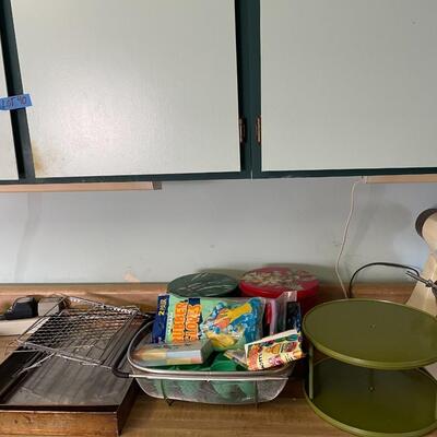 lot 67- Misc. baking pans, tins, cake tray, gloves, sponges, egg molds, tea strainer set
