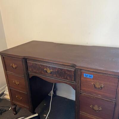 lot 119- wood dovetail desk with chair and contents