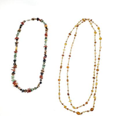 EARTH TONED GLASS BEAD DOUBLE WRAPPED NECKALCE AND NATURAL STONE NECKLACE BUNDLE