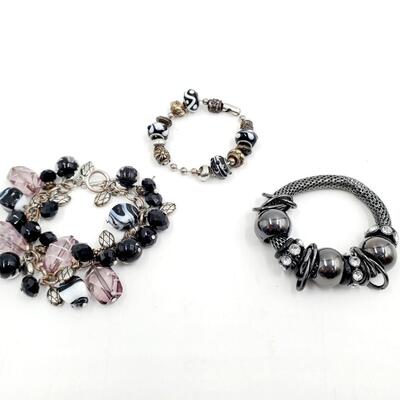 BLACK BEADED AND METAL BRACELET BUNDLE OF 3