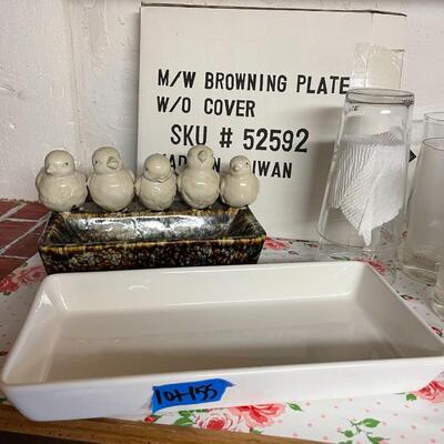 lot 155- misc. glasses, ceramic bird decor, pfaltzgraft USA plate, plate