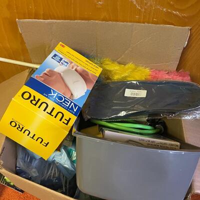 lot 169- Misc. box of cleaning supplies, hygiene products, health products, office supplies
