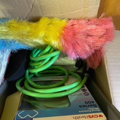 lot 169- Misc. box of cleaning supplies, hygiene products, health products, office supplies