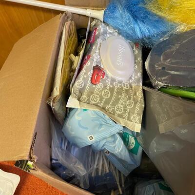 lot 169- Misc. box of cleaning supplies, hygiene products, health products, office supplies