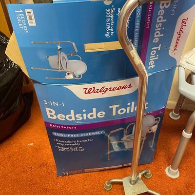 lot 170- medical chair, bath handle, bedside toilet, cane