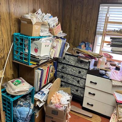 lot 182- Entire contents of crafting room including all crafts, furniture, Sears kenmore sewing machine table, (2) dressers, Shelves, (2)...
