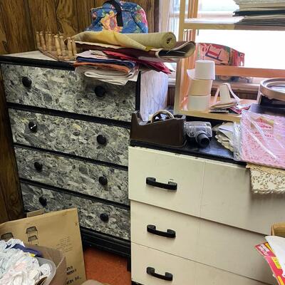 lot 182- Entire contents of crafting room including all crafts, furniture, Sears kenmore sewing machine table, (2) dressers, Shelves, (2)...
