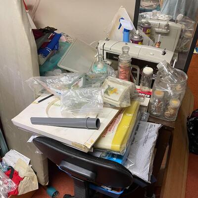 lot 182- Entire contents of crafting room including all crafts, furniture, Sears kenmore sewing machine table, (2) dressers, Shelves, (2)...