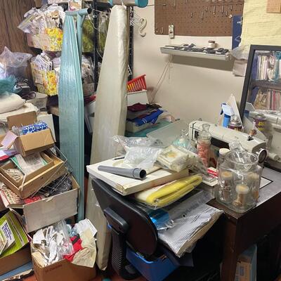lot 182- Entire contents of crafting room including all crafts, furniture, Sears kenmore sewing machine table, (2) dressers, Shelves, (2)...