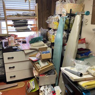 lot 182- Entire contents of crafting room including all crafts, furniture, Sears kenmore sewing machine table, (2) dressers, Shelves, (2)...