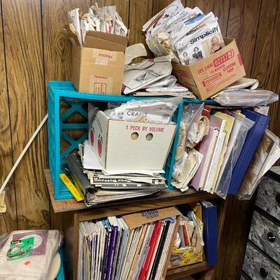 lot 182- Entire contents of crafting room including all crafts, furniture, Sears kenmore sewing machine table, (2) dressers, Shelves, (2)...