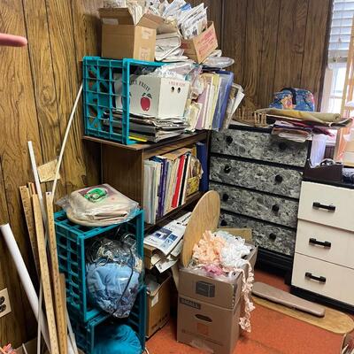 lot 182- Entire contents of crafting room including all crafts, furniture, Sears kenmore sewing machine table, (2) dressers, Shelves, (2)...