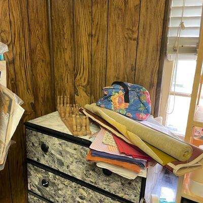 lot 182- Entire contents of crafting room including all crafts, furniture, Sears kenmore sewing machine table, (2) dressers, Shelves, (2)...