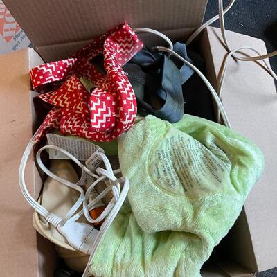 lot 187- Misc. box of ties, heating pads, etc.