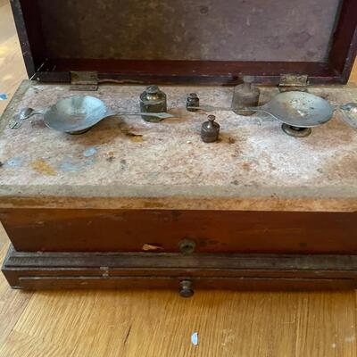 lot 188- antique scale with additional weights