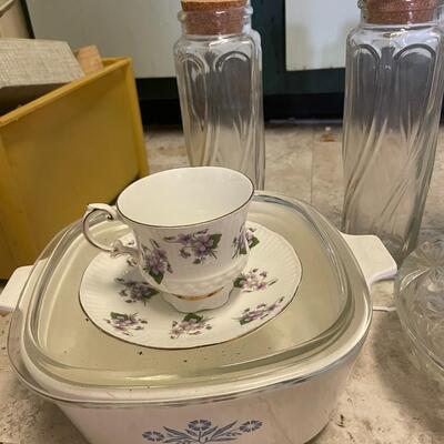 lot 194- Misc. glassware, corning ware, england fine china teacup set, vase