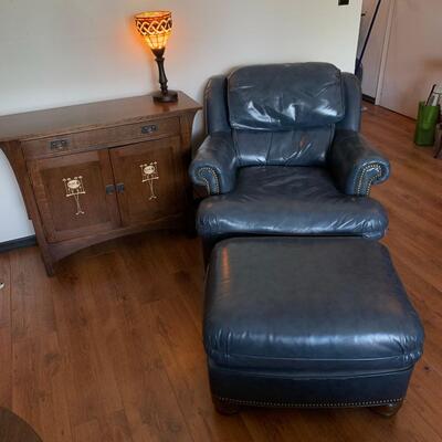#1 Blue Drexel Heritage Furniture Leather Armchair & Ottoman