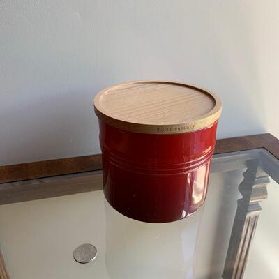 #132 Red Le Creuset Storage Jar With Wood Lid