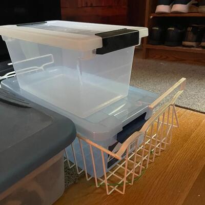 lot 211- Misc. storage bins with contents and shelves
